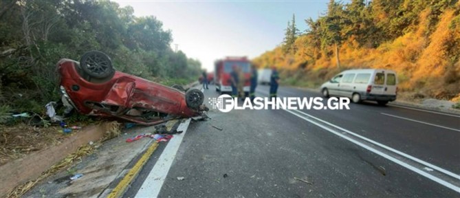 Χανιά: Τροχαίο ατύχημα με ανατροπή αυτοκινήτου (εικόνες)
